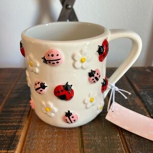 Petal & Pearl Red And Pink Ladybug And Daisy Hand Painted Mug Floral NEW